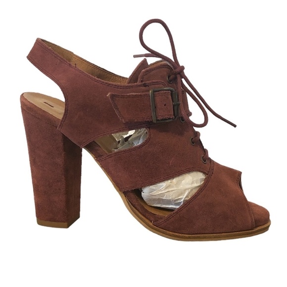 SCHULER & SONS Slingback Heels Womens 8 Burgundy Open Toe Suede Anthropologie - Picture 2 of 10